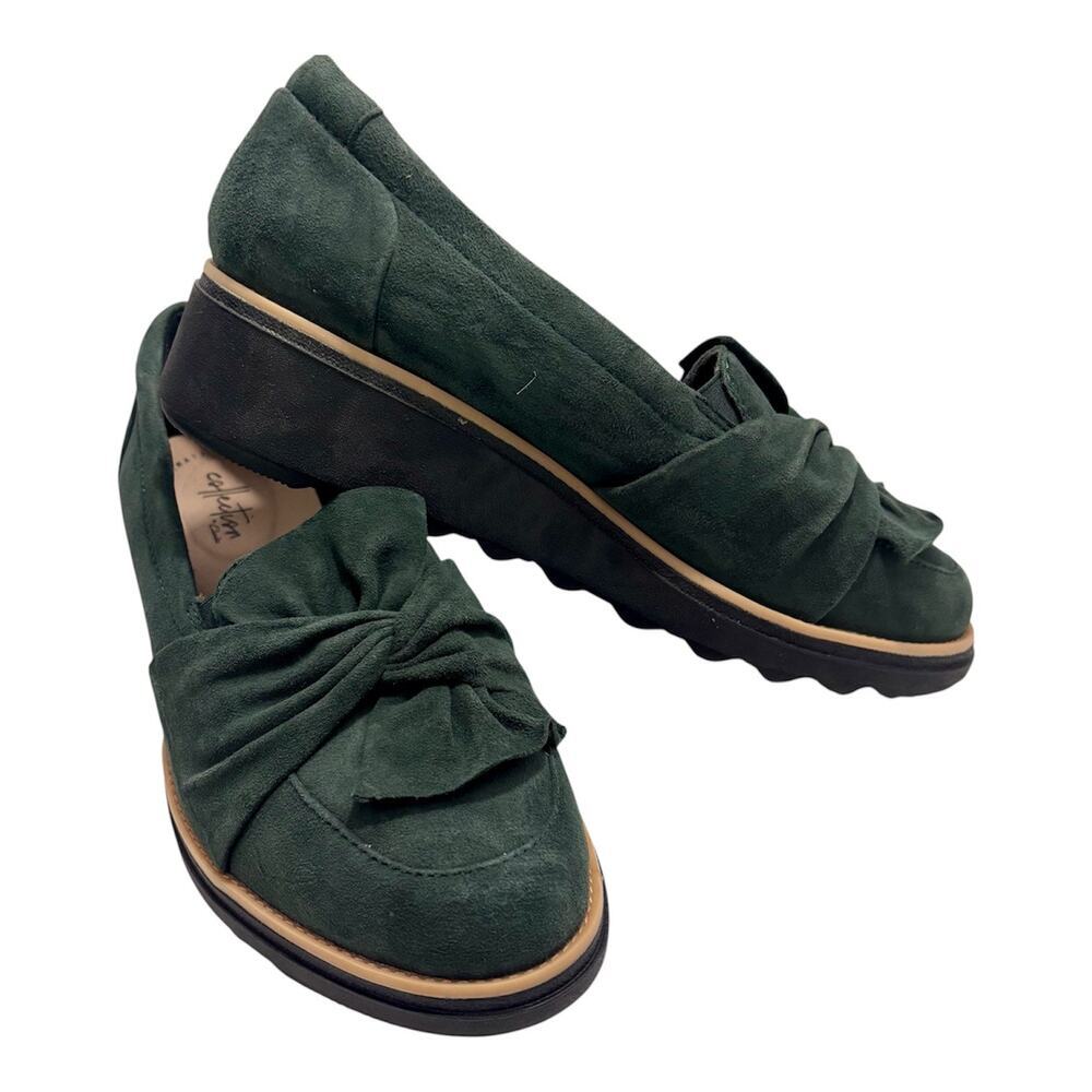 Clarks Sharon Dasher Suede Leather Wedge Loafers Green Size 8 New